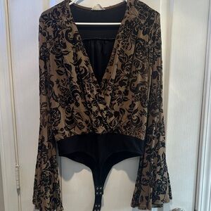 Black and Brown Floral Wrap Bodysuit
